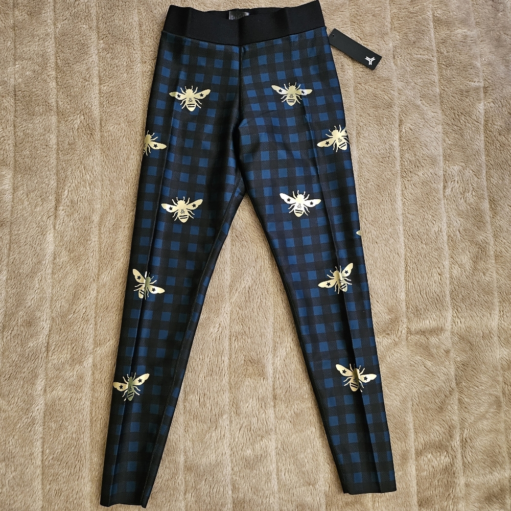 NEW tags Ultracor metallic gold bees on teal plaid ultra high leggings